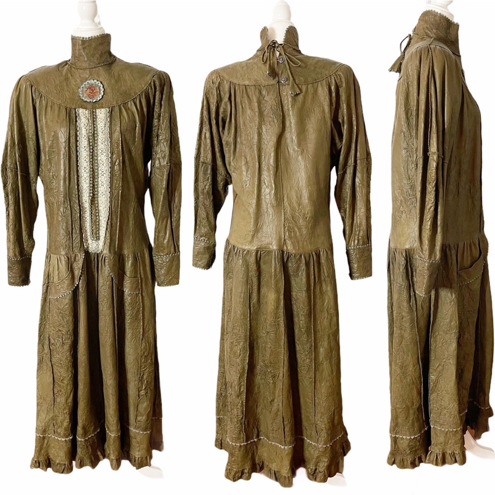 Vintage 80s does Victorian Leather Medallion Lace Costume Cosplay Dress